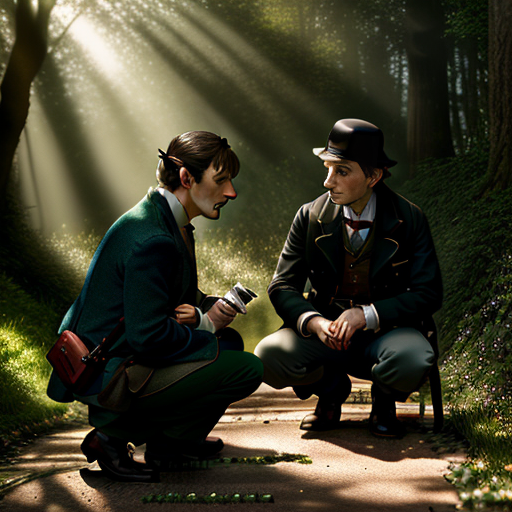 Sherlock Holmes, on his knees, examining the ground while Bilbo looks on nervously, their journey illuminated by the dappled sunlight piercing the dense foilage overhead.